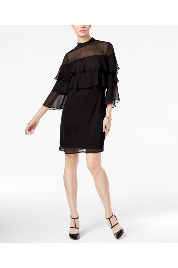 Blk 3/4Ruf Sl Tier Shift X-Large Womens XL Black dress MSRP $47