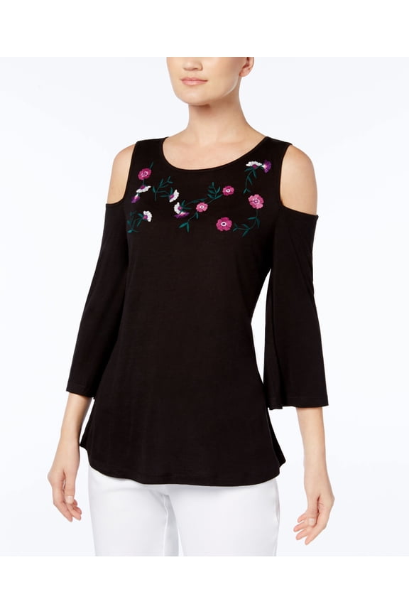 Embroidered Cold Shoulder Top Black M