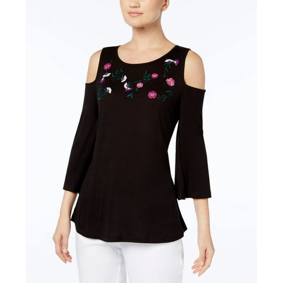 NY Collection Embroidered Cold Shoulder Top Black XS