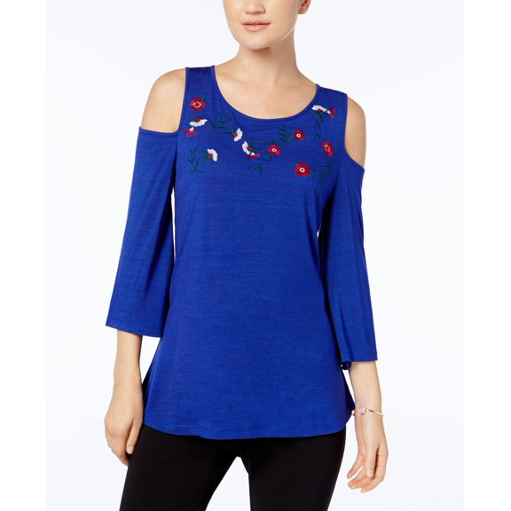 NY Collection Embroidered Cold Shoulder Top Medium Blue XS