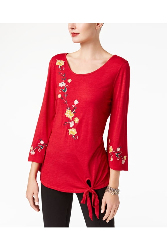 Embroidered Tie Front Top Bright Red XL