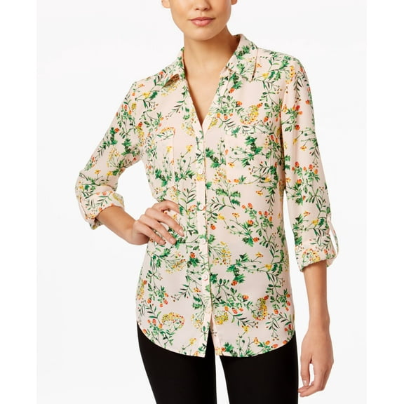 NY Collection Floral-Print Utility Shirt Pink Floral L