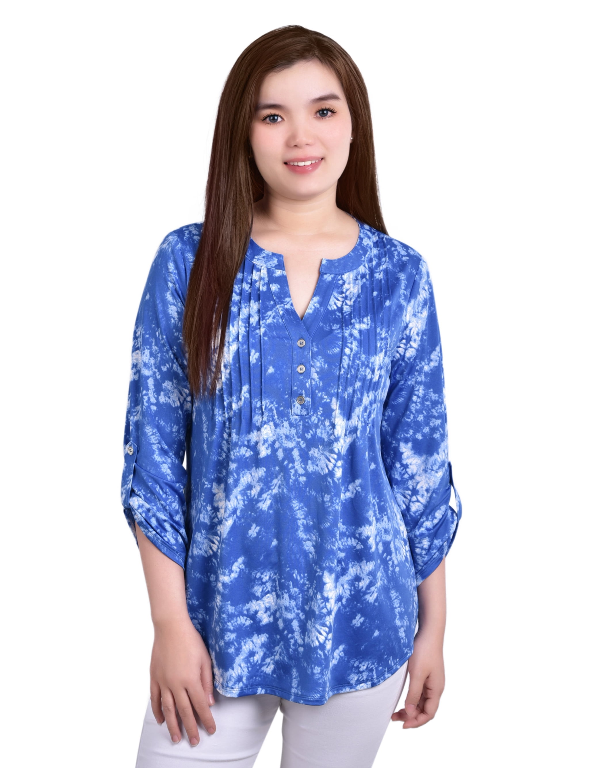 Foxcroft Women's Linen Blend Dress - 3/4 Sleeve Roll-Tab, Non-Iron (V-Neck)