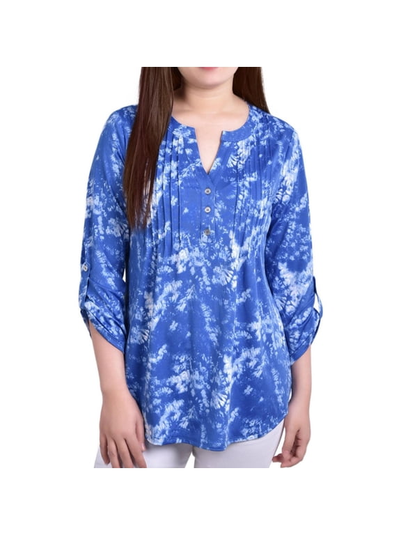 Womens Printed Pintuck Henley Shirt, Blue, Petite, PL