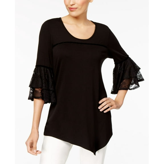 NY Collection Lace Cuff Asymmetrical Hem Top Black XS