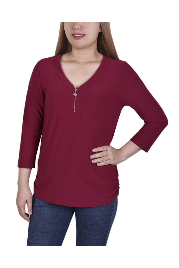 Long Sleeve Crepe Knit V Neck Top With Zipper