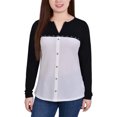 thumbnail image 1 of NY Collection Long Sleeve Studded Colorblocked Split Neck Top, 1 of 3