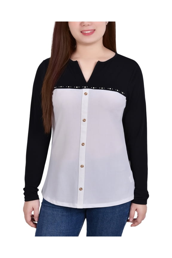 Long Sleeve Studded Colorblocked Split Neck Top