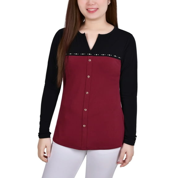 Women's Studded Color Blocked Split Neck Top Blocked Wine S