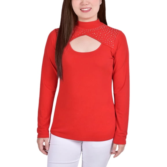 NY Collection Long Sleeve Studded Mock Neck