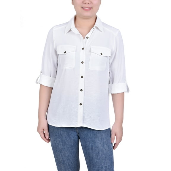 NY Collection Missy Long Sleeve Roll Tab Blouse