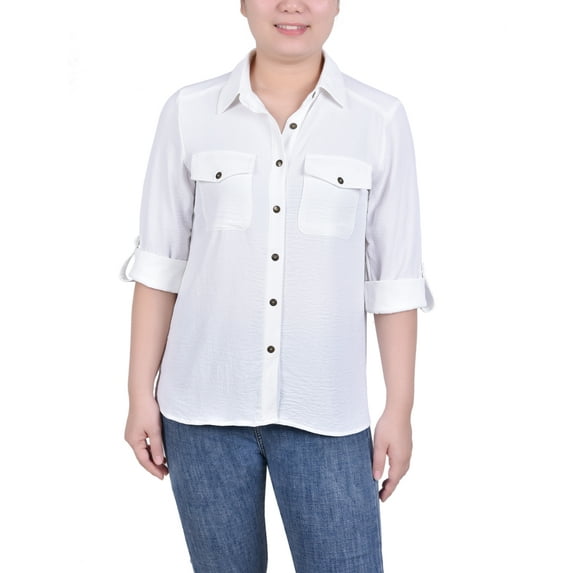NY Collection Missy Long Sleeve Roll Tab Blouse