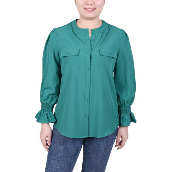 NY Collection Missy Long Sleeve Y Neck Blouse