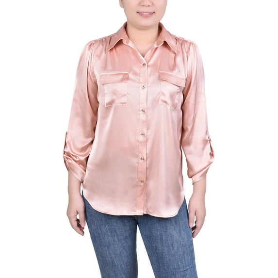 NY Collection Missy Tabbed Long Sleeve Satin Blouse