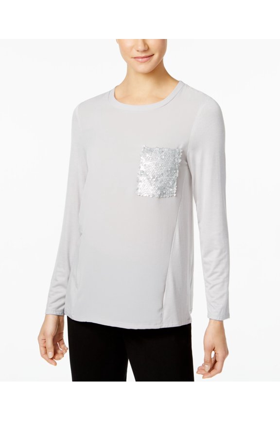 Mixed-Media Sequin-Pocket Top (Gray with Silver Sequins, S)
