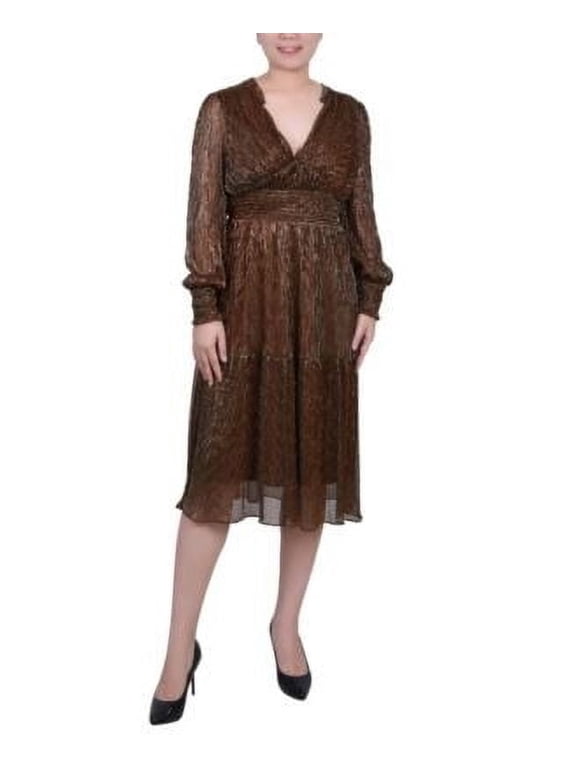 Petite Long Sleeve Plisse Mesh Dress - Bronze, Small