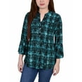 thumbnail image 1 of NY Collection Petite 3/4 Bell Sleeve Pleat Front Y Neck Top Teal Plaid PXL, 1 of 1