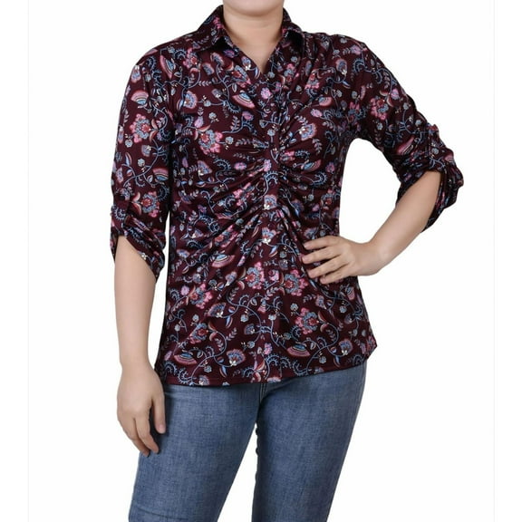 NY Collection Womens Ruched Button Down Blouse, Multicoloured, Petite, P/PS