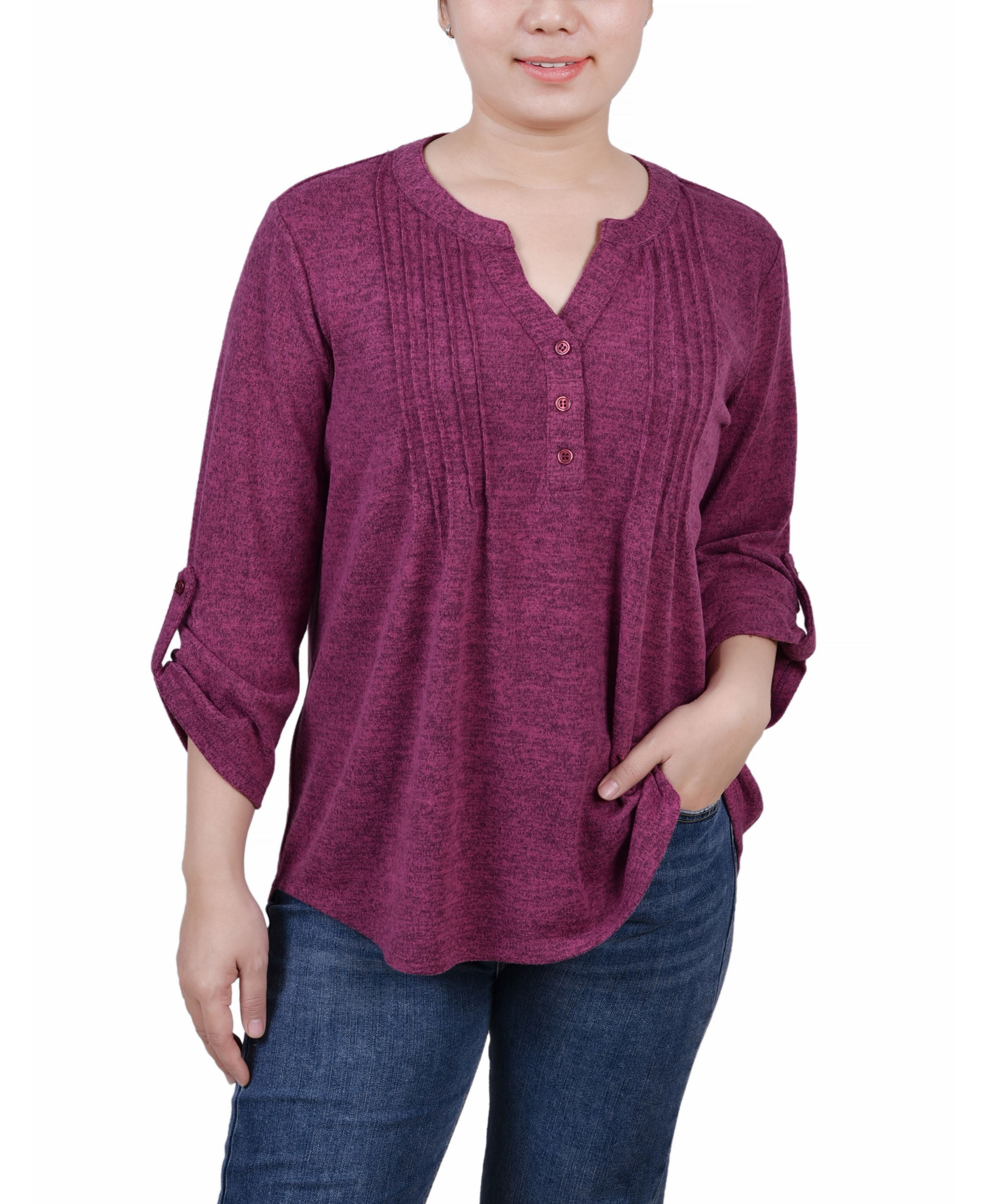 NY Collection Petite 3/4 Roll Tab Sleeve Pintuck Top Eggplant PL ...