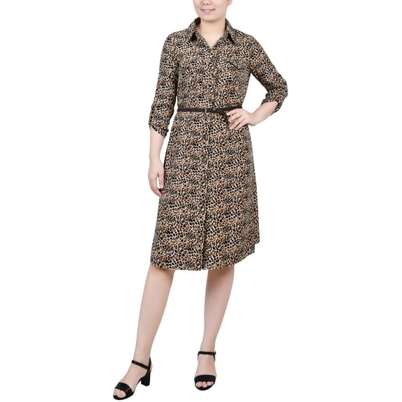 NY Collection Petite 3/4 Roll Tab Sleeve Shirtdress Animal PL