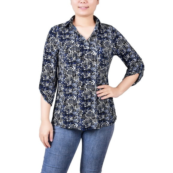 NY Collection Petite 3/4 Ruched Sleeve Studded Y Neck Top E Snake Navy PXL