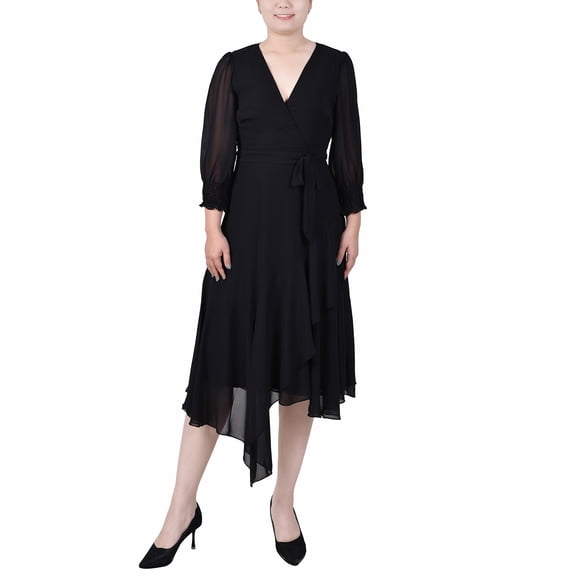 NY Collection Petite 3/4 Sleeve Belted Chiffon Hankerchief Hem Dress