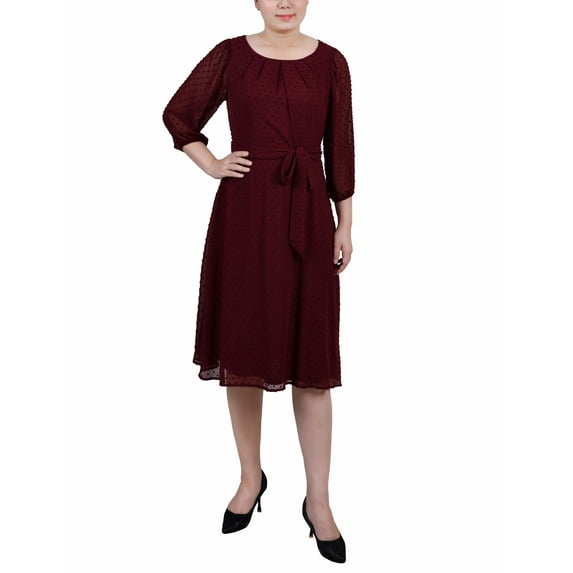NY Collection Petite 3/4 Sleeve Clip Dot Dress Zinfandel PL