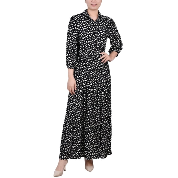 NY Collection Petite 3/4 Sleeve Crinkle Tiered Maxi Dress Black White Disty Floral PXL