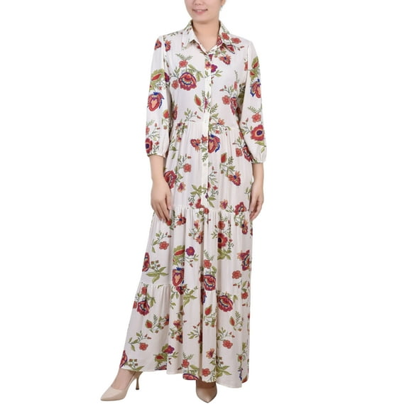NY Collection Petite 3/4 Sleeve Crinkle Tiered Maxi Dress Ivory Floral PXL