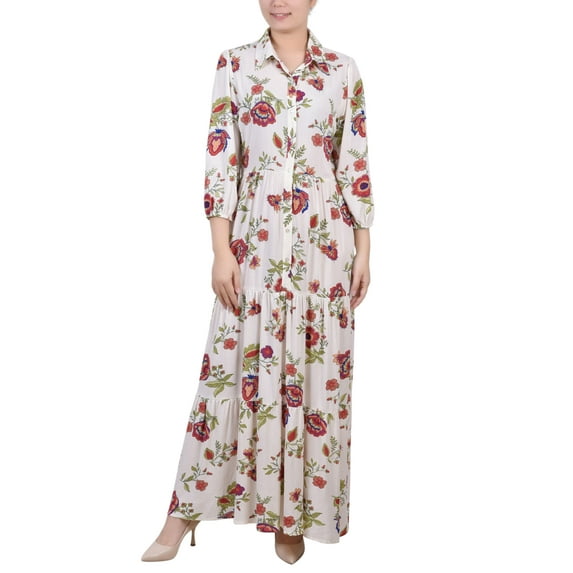 NY Collection Petite 3/4 Sleeve Crinkle Tiered Maxi Dress Ivory Floral PXL
