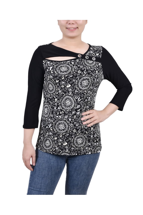 Petite 3/4 Sleeve Puff Print Cutout Top Black Doralflower PM