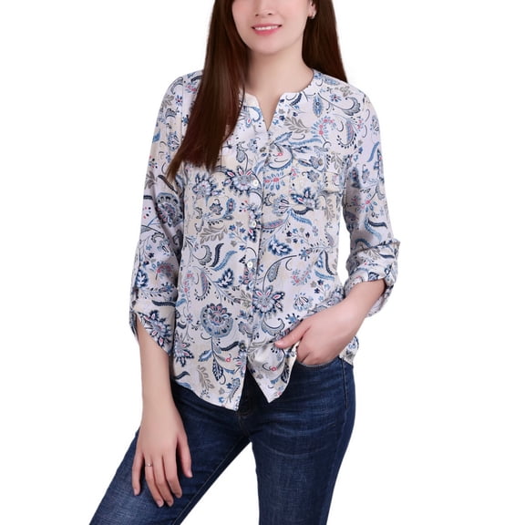 NY Collection Petite 3/4 Sleeve Roll Tab Y Neck Blouse Cream Paismuse PL