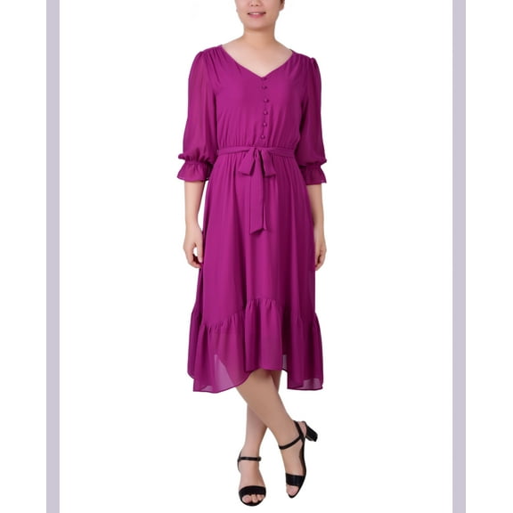 NY Collection Petite 3/4 Sleeve V Neck Flounced Dress Magenta PM