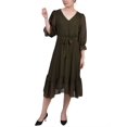 thumbnail image 1 of NY Collection Petite 3/4 Sleeve V Neck Flounced Dress Olive PL, 1 of 1
