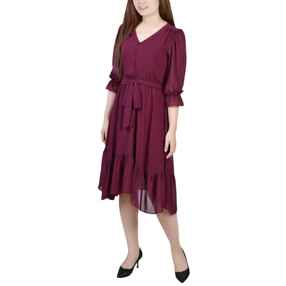 NY Collection Petite 3/4 Sleeve V Neck Flounced Dress Wine PM