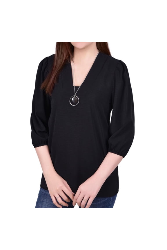 Womens Balloon Sleeve Necklace Pullover Blouse, Black, Petite, PL