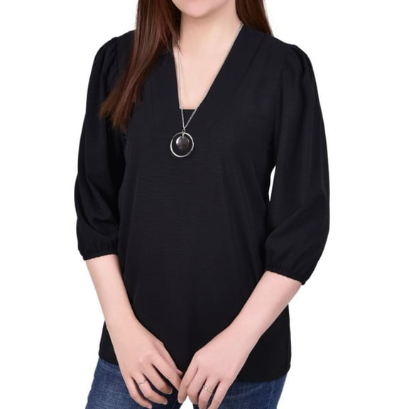 NY Collection Womens Balloon Sleeve Necklace Pullover Blouse, Black, Petite, PL