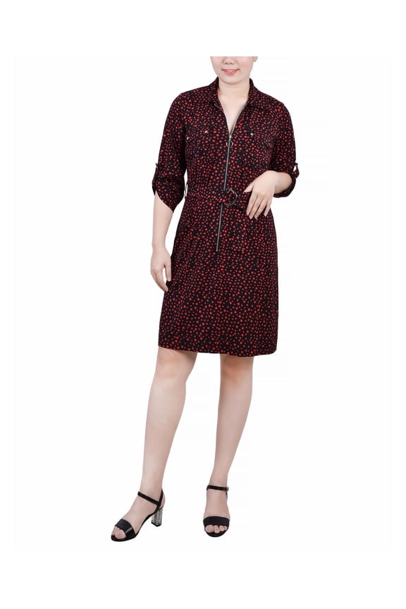 Petite Belted Roll Tab Zip Front Shirtdress Black Red Icemoon PL