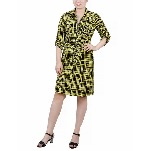 NY Collection Petite Belted Roll Tab Zip Front Shirtdress Golden-Tone Viewbox PS