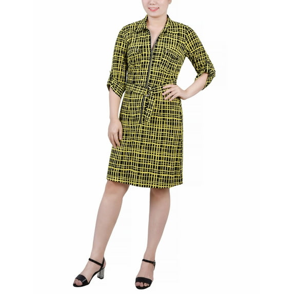 NY Collection Petite Belted Roll Tab Zip Front Shirtdress Golden-Tone Viewbox PS