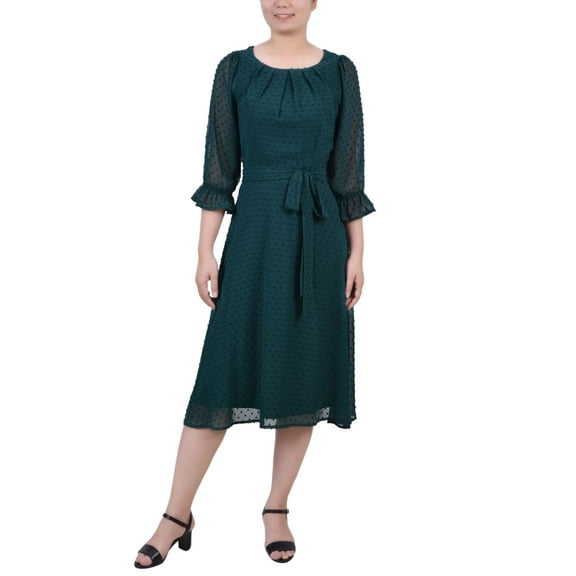 NY Collection Petite Belted Swiss Dot Dress Botanical Garden PXL