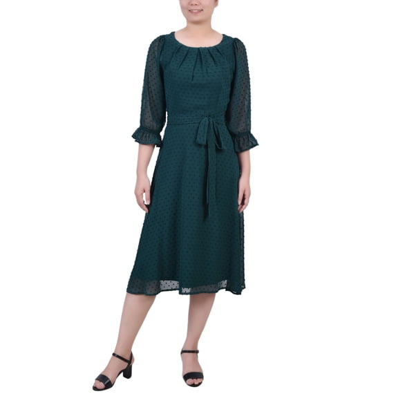 NY Collection Petite Belted Swiss Dot Dress Botanical Garden PXL