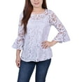 thumbnail image 1 of NY Collection Petite Burnout Bell Sleeve Top White Scrolleaf PL, 1 of 1