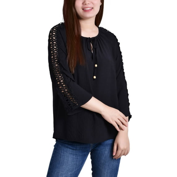 NY Collection Petite Crochet Detail 3/4 Sleeve Blouse Black PXL