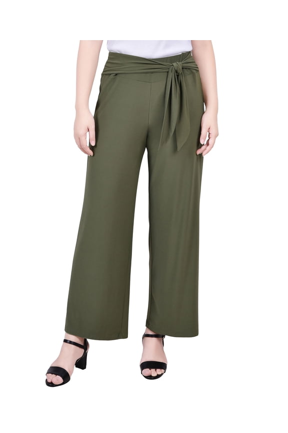Petite Cropped Solid Pull On Pants With Sash Oil Green PXL