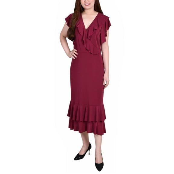 NY Collection Petite Flutter Sleeve Ruffle Midi Dress Deep Burgundy PXL