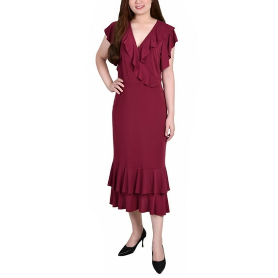 NY Collection Petite Flutter Sleeve Ruffle Midi Dress Deep Burgundy PXL