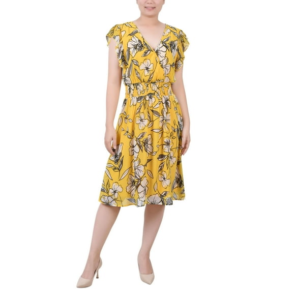 NY Collection Petite Flutter Sleeve Surplice Neck Dress Yellow Floral PL