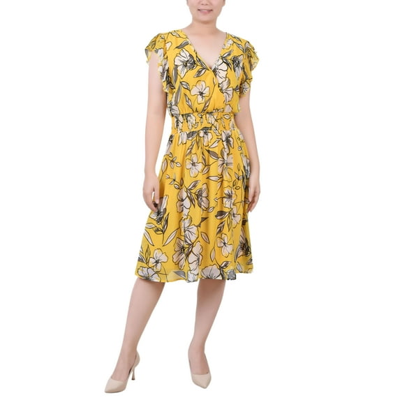 NY Collection Petite Flutter Sleeve Surplice Neck Dress Yellow Floral PM