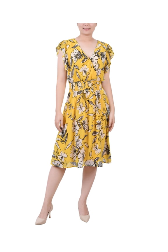 Petite Flutter Sleeve Surplice Neck Dress Yellow Floral PS